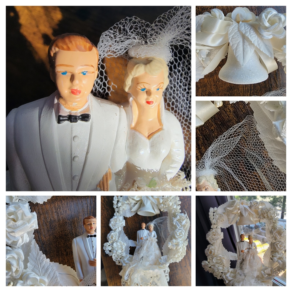 Ivory Bride and Groom Wedding Cake Topper with Veil